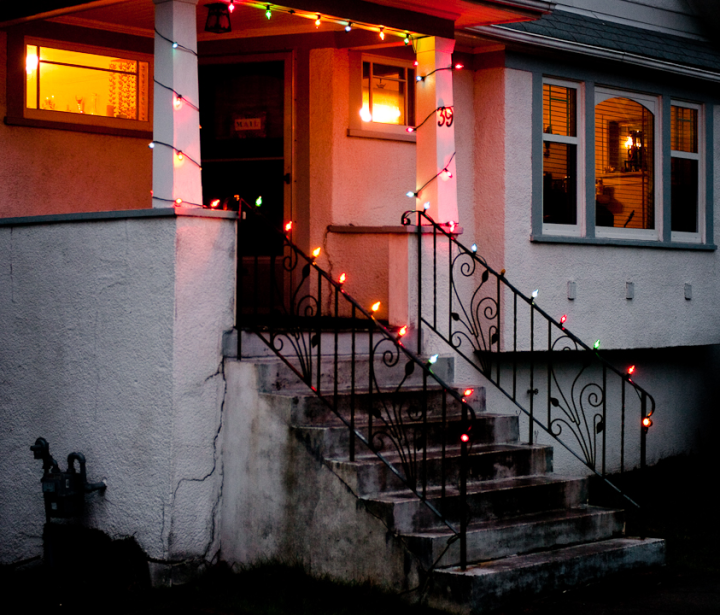 Christmas lights on a wet New Year’s Day