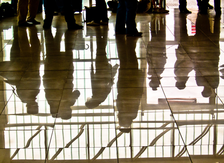 Orchestra reflected in the floor of the ferry terminal at Colonia Del Salvador
