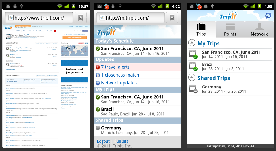Three presentations of Tripit’s front page