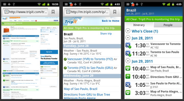 Three presentations of a trip by Tripit