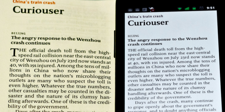 Economist story, on paper and a mobile device