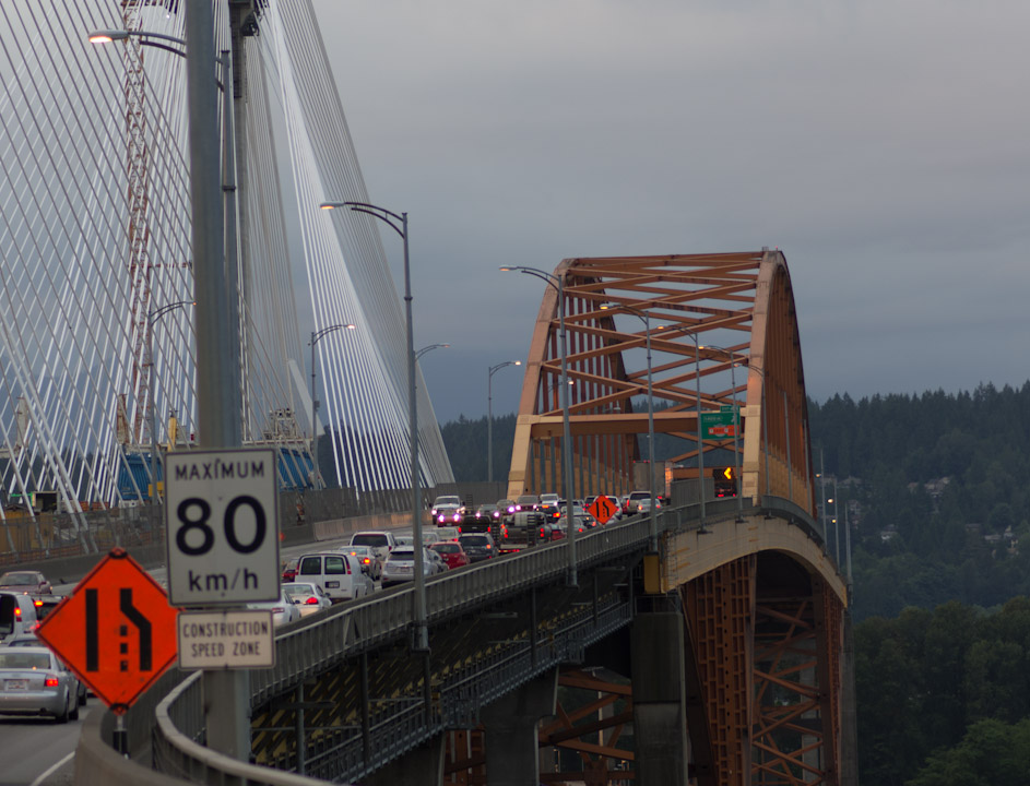 The old Port Mann bridge beside its replacement