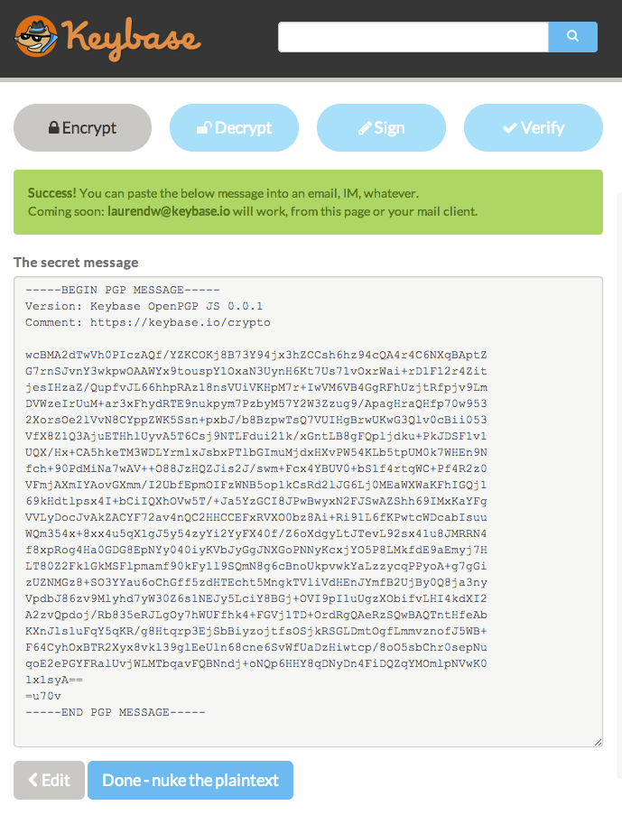 An encrypted message in Keybase