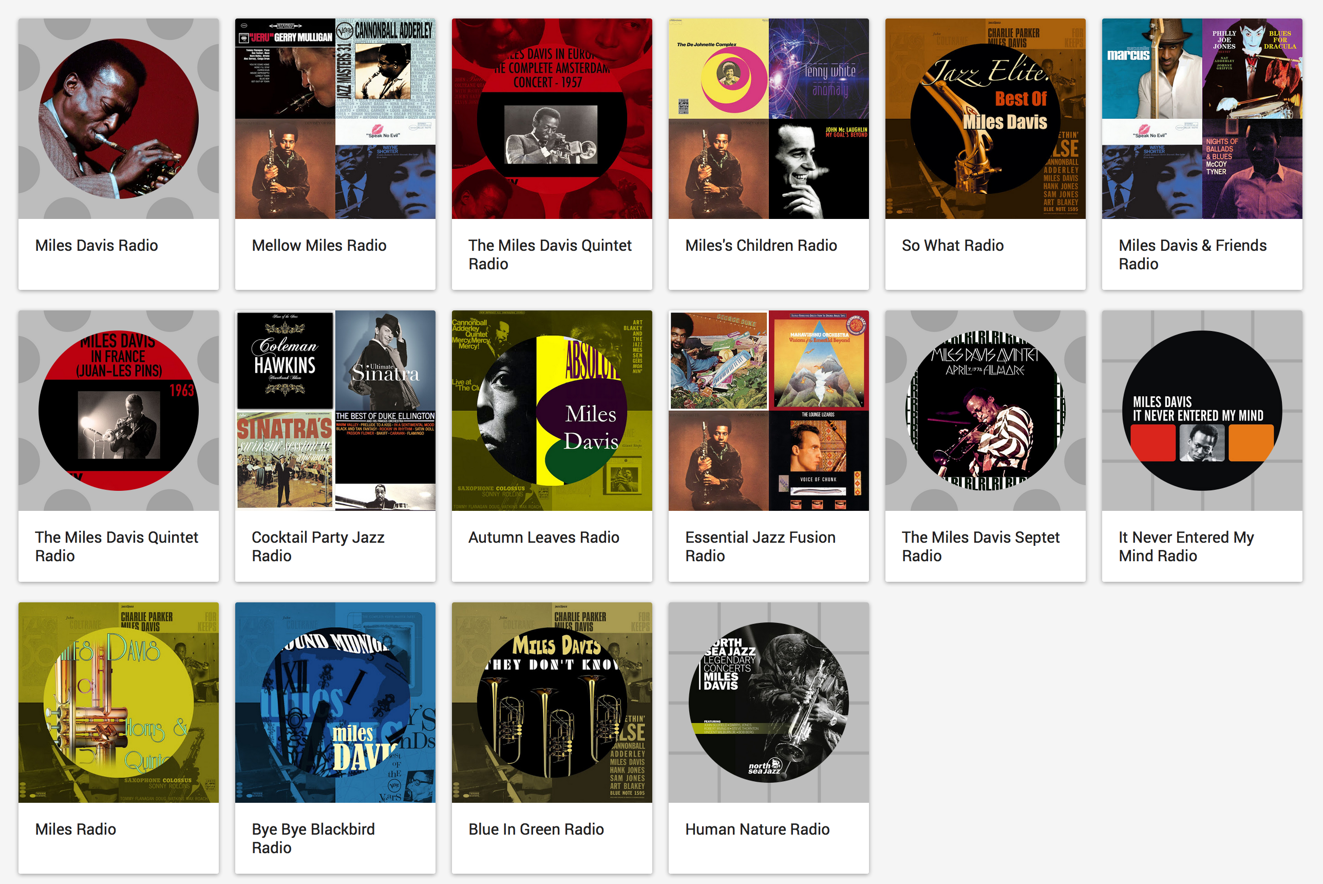 Miles Davis related radio stations on Google Music