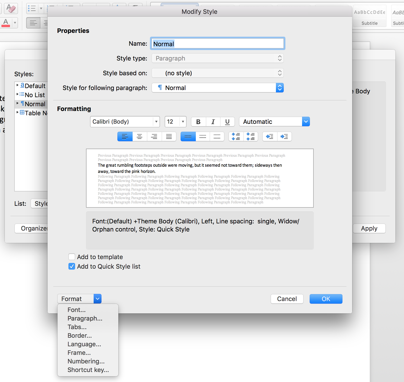 Modify Style Format Pulldown in Microsoft Word