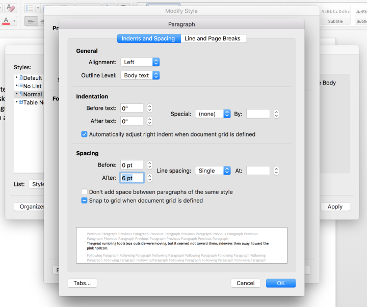 Paragraph Style dialogue in Microsoft Word