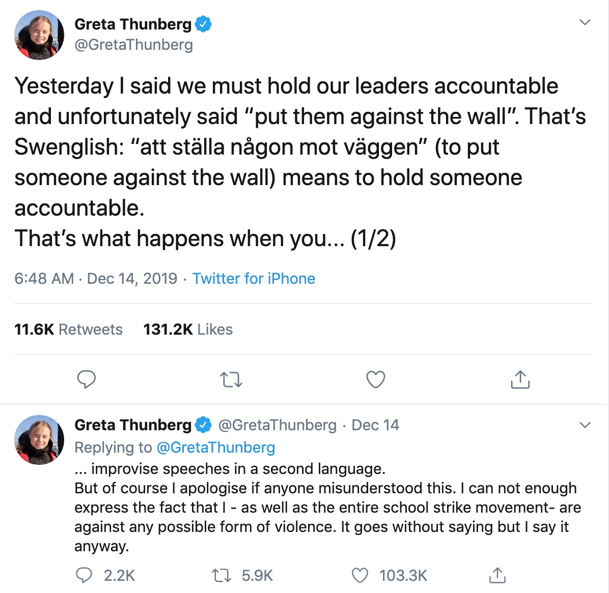 Tweet from Greta Thunberg