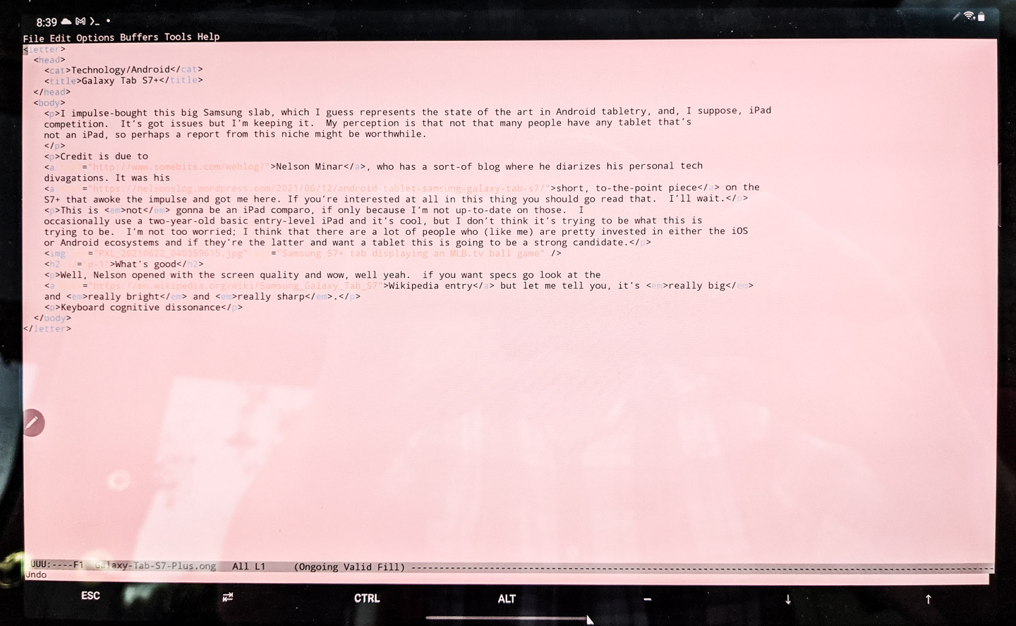 Emacs running on the Galaxy Tab S7+