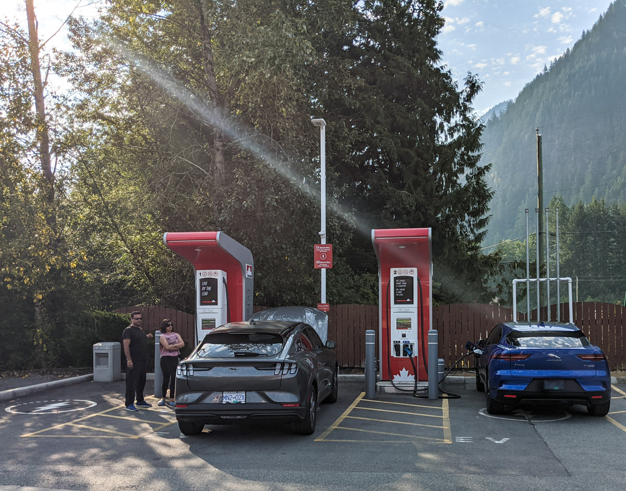 Jaguar and Mustang charging up in Hope, BC