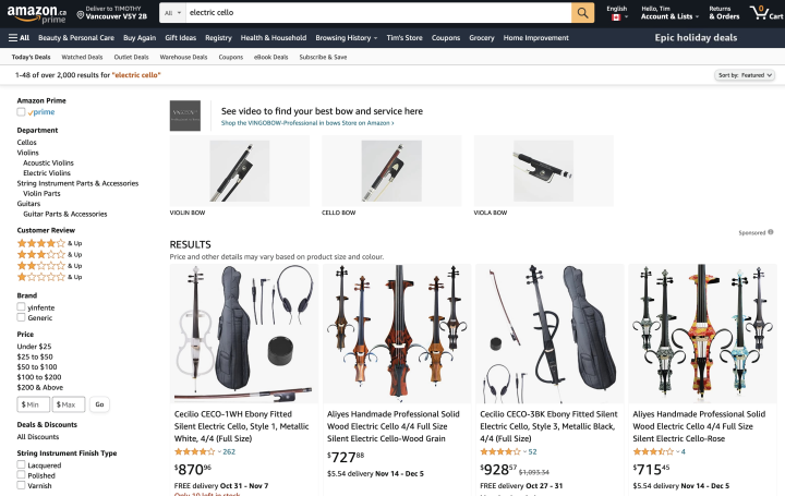 Searching for “electric cello” on amazon.ca Searching for “electric cello” on amazon.ca