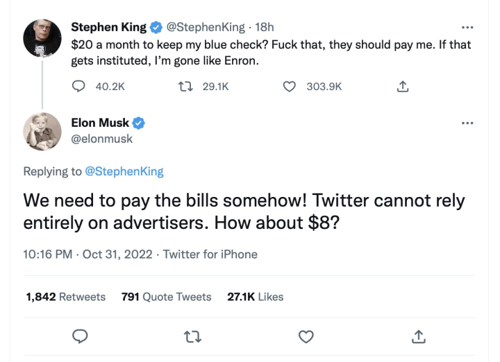 Stephen King and Elon Musk argue about what a blue check’s worth