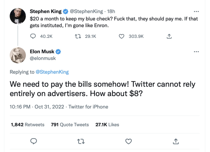 Stephen King and Elon Musk argue about what a blue check’s worth Stephen King and Elon Musk argue about what a blue check’s worth