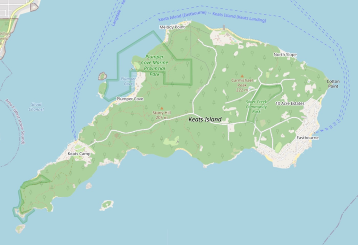 Open Street Map capture of Keats Island