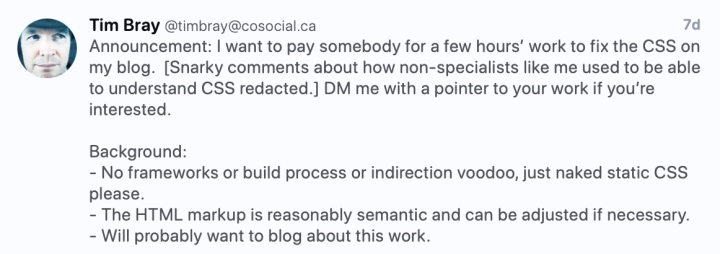 Mastodon post asking for CSS help