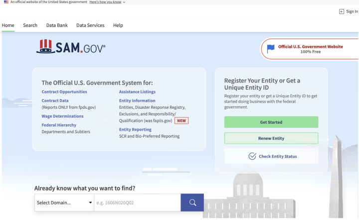 The sam.gov web-site front page The sam.gov web-site front page