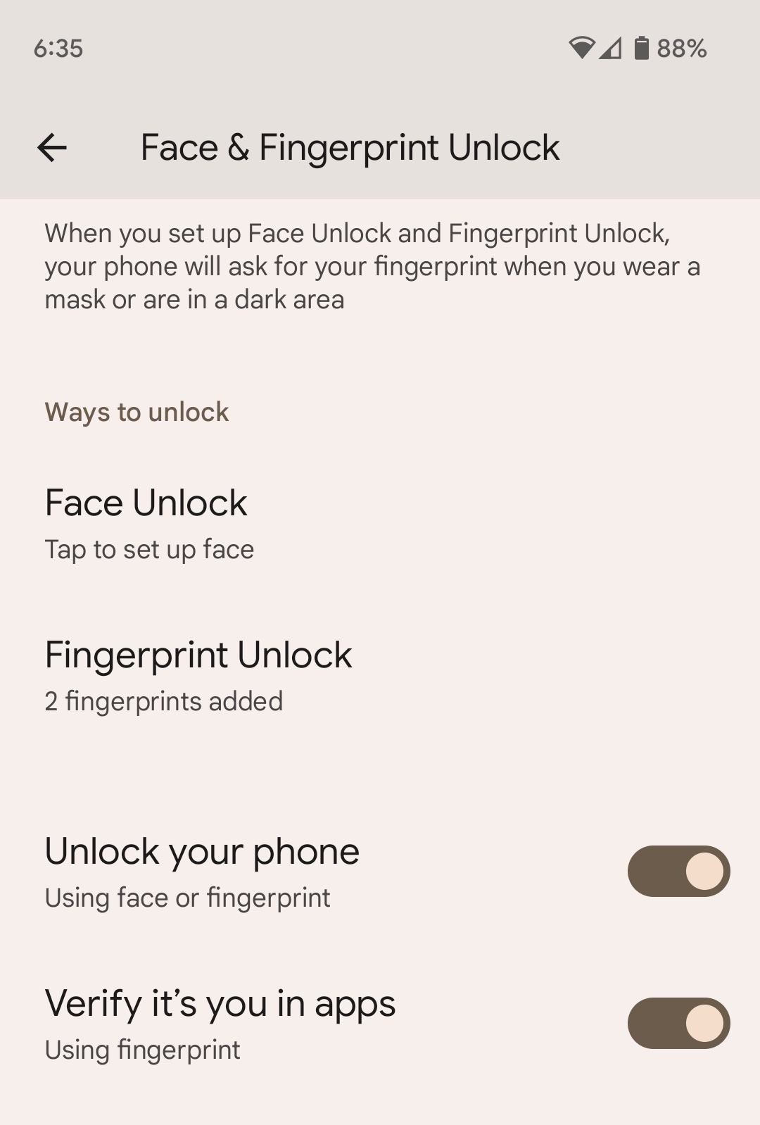 Android face/fingerprint unlock settings