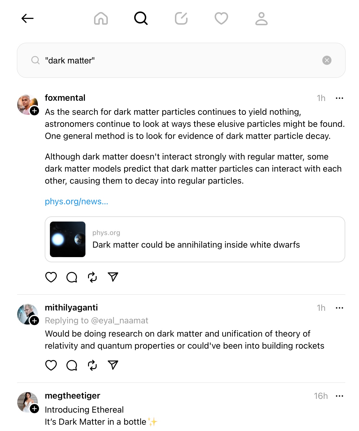 Threads search for “dark matter”