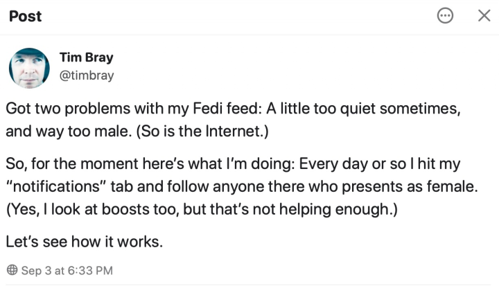 Mastodon post about my feed’s gender imbalance Mastodon post about my feed’s gender imbalance