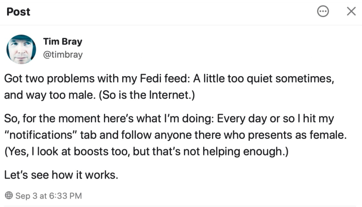 Mastodon post about my feed’s gender imbalance