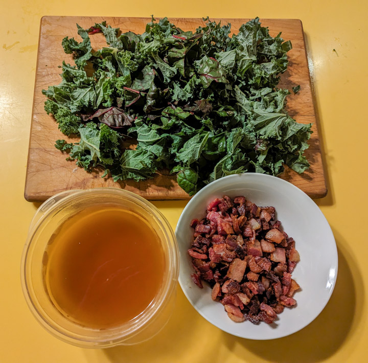 Ingredients for the sauce: Bacon, chopped greens, and braising fluid Ingredients for the sauce: Bacon, chopped greens, and braising fluid