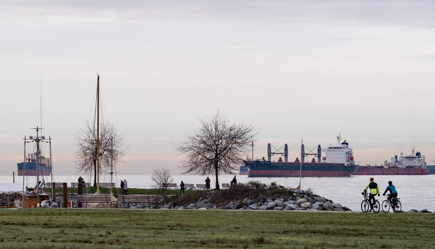 Waterfront with ships and people, New Year’s day, 2024, Vancouver