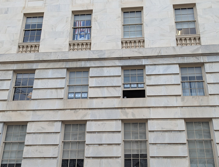 House office building featuring Israeli flags