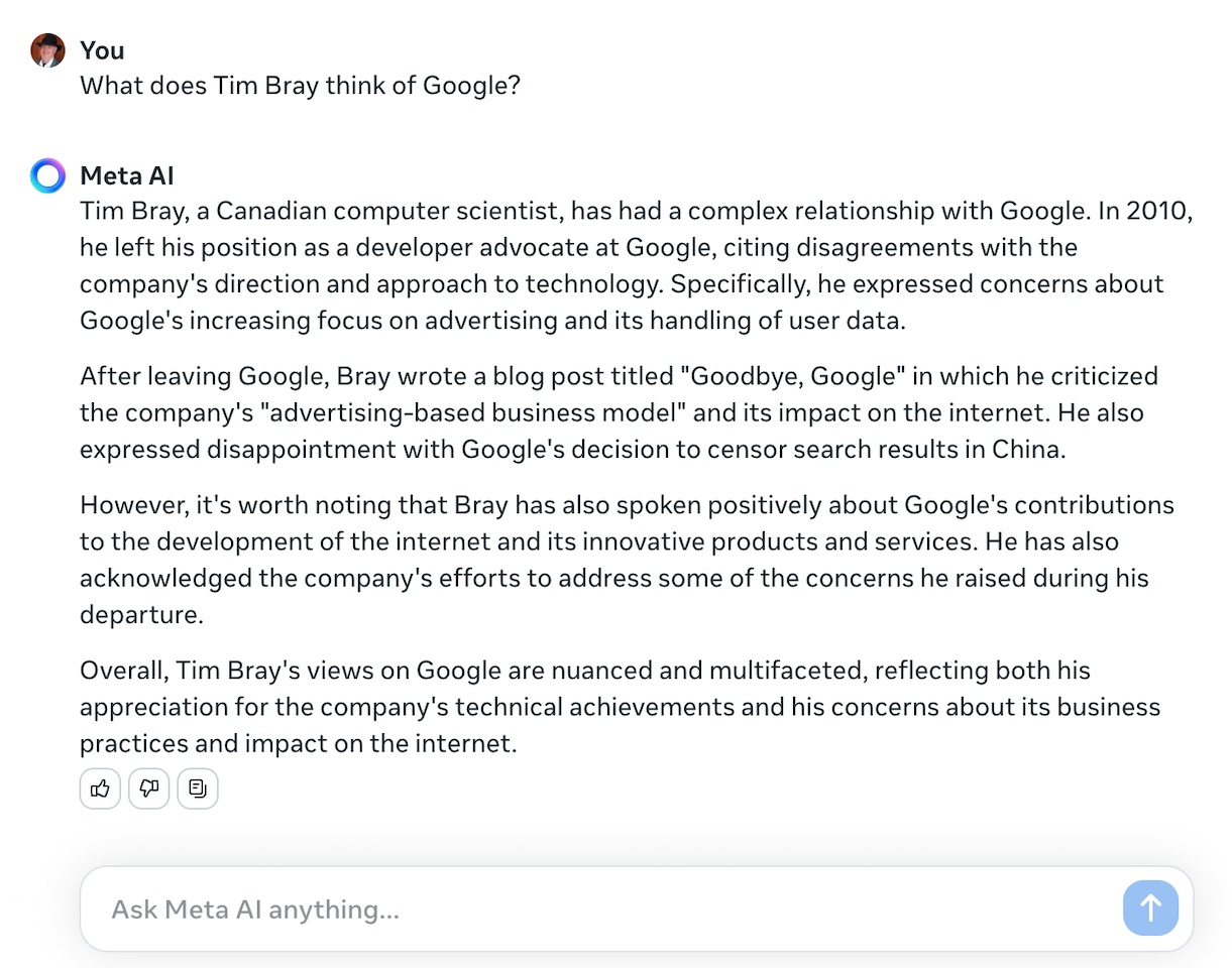 meta.ai on Tim Bray and Google, take 1