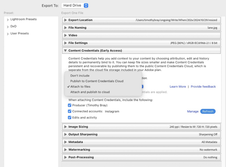 Lightroom export dialog with C2PA Lightroom export dialog with C2PA