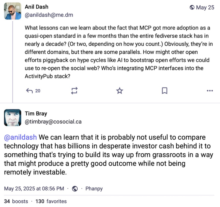 Anil Dash on Mastodon, on MCP vs the Fediverse