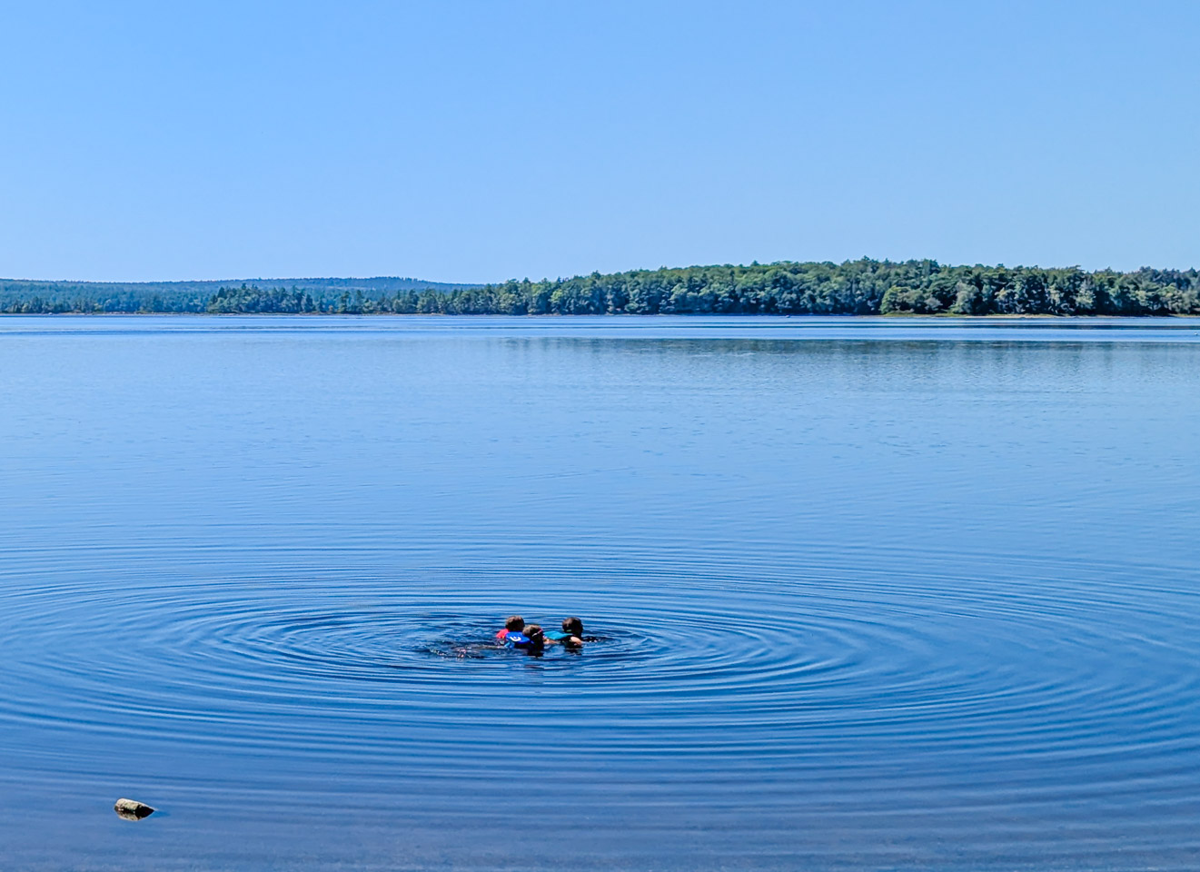Kids in a large calm lake, circular ripples