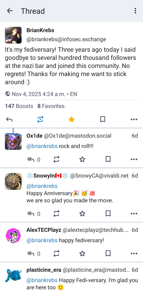 A post from Brian Krebs in the Tusky app