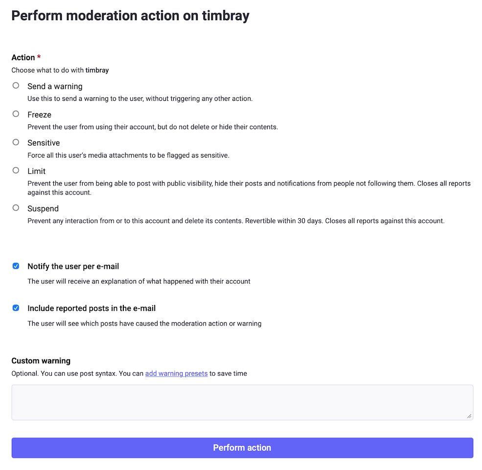 More Mastodon moderation action optiosn