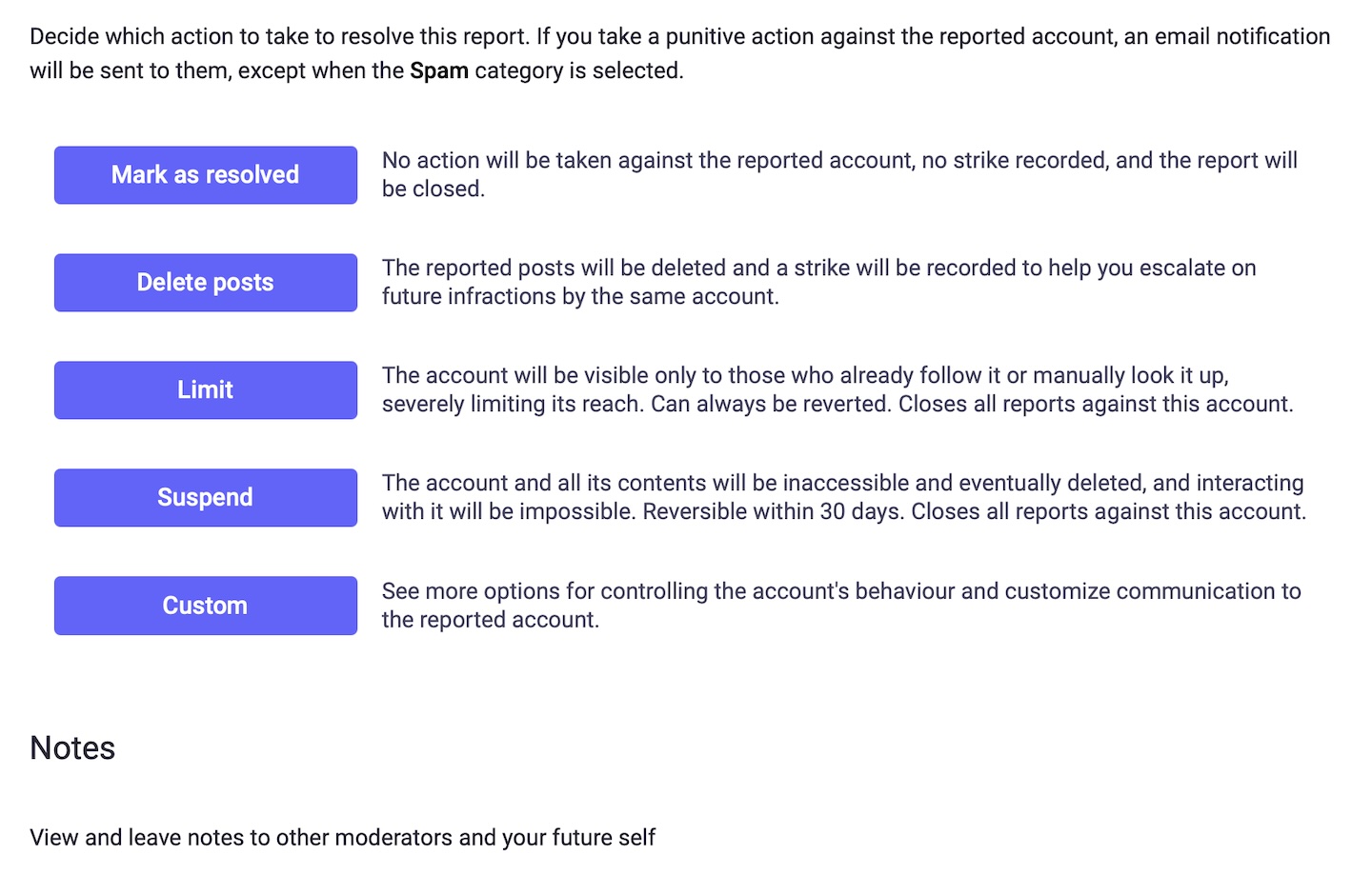 Mastodon moderation action options