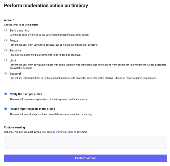 More Mastodon moderation action optiosn