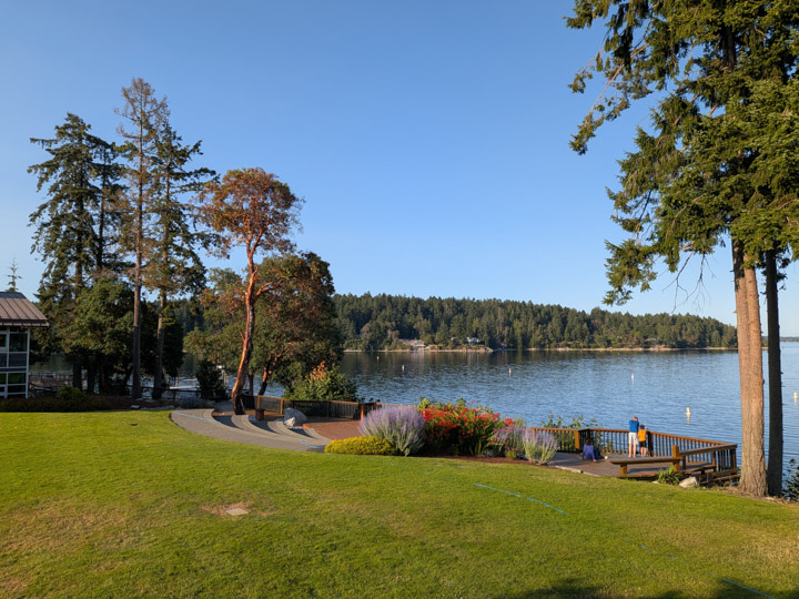well-manicured lawns stretch down to the Pacific