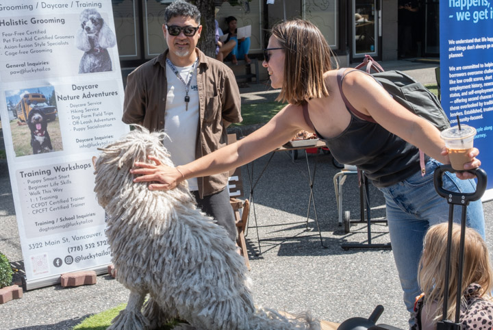Woman pats a hairy white dog at a grooming vendor stand