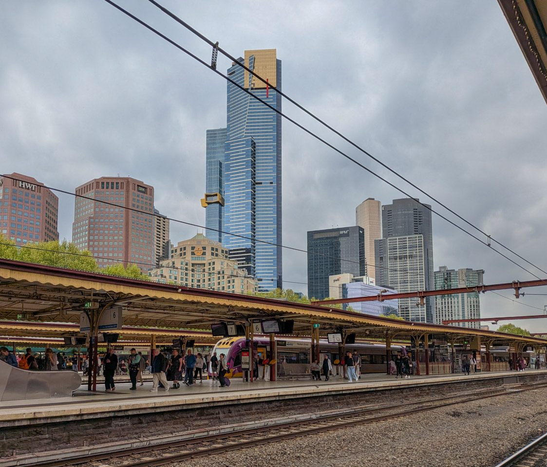 A train station in yellow and red