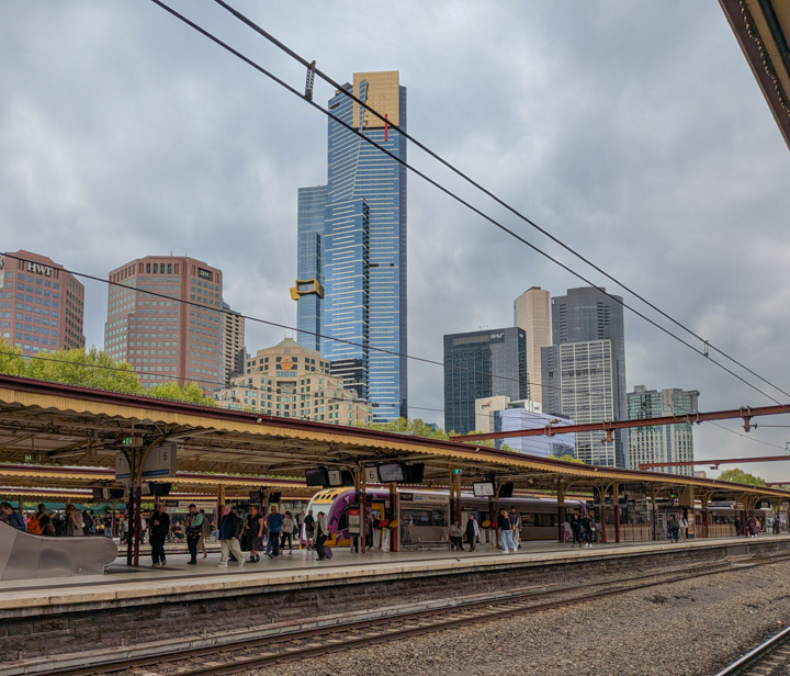 A train station in yellow and red